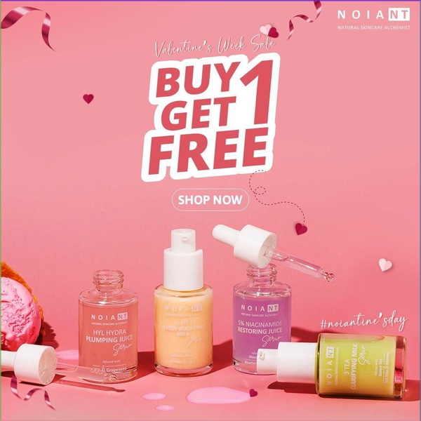 A festive, high-contrast promotional ad for skincare serums featuring a 'Buy 1 Get 1 Free' offer against a bright pink background.